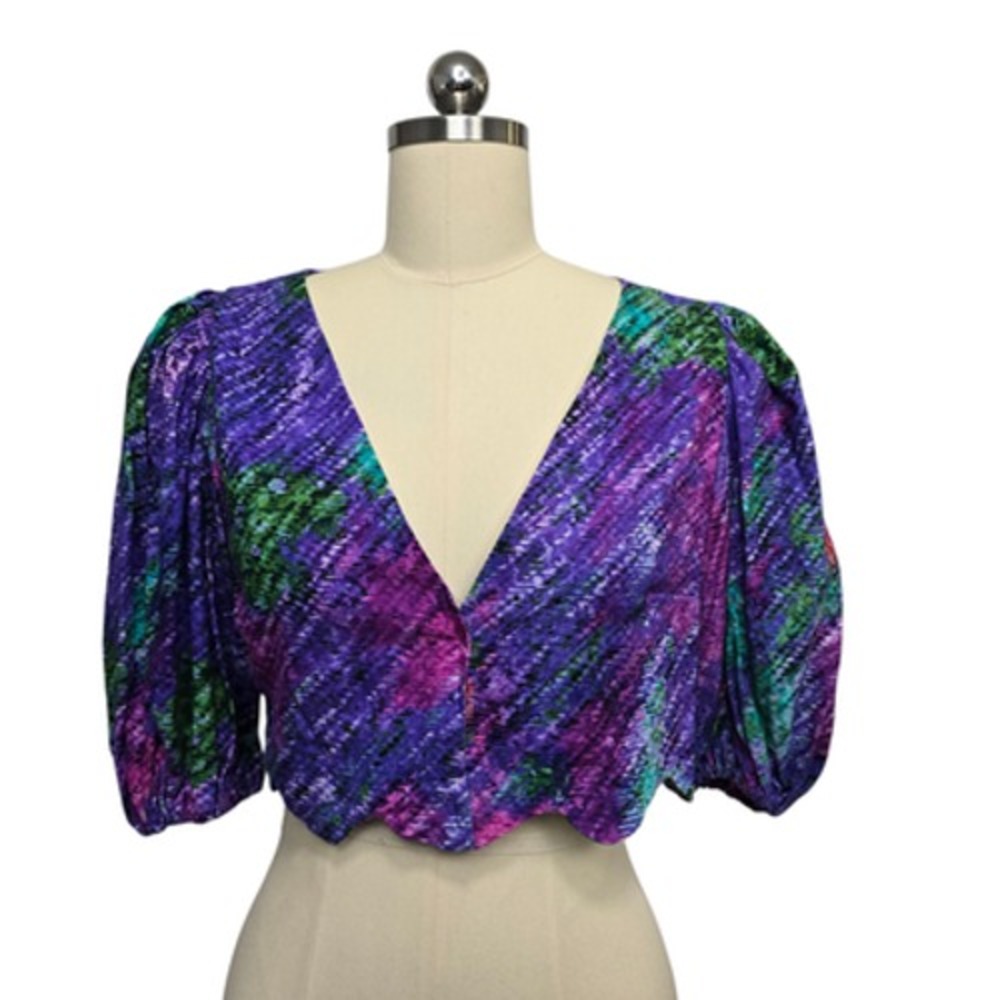 LAAGAM Shirt Womens Medium Purple Linen Blend Puff Sleeve Cropped‎ Scalloped Hem